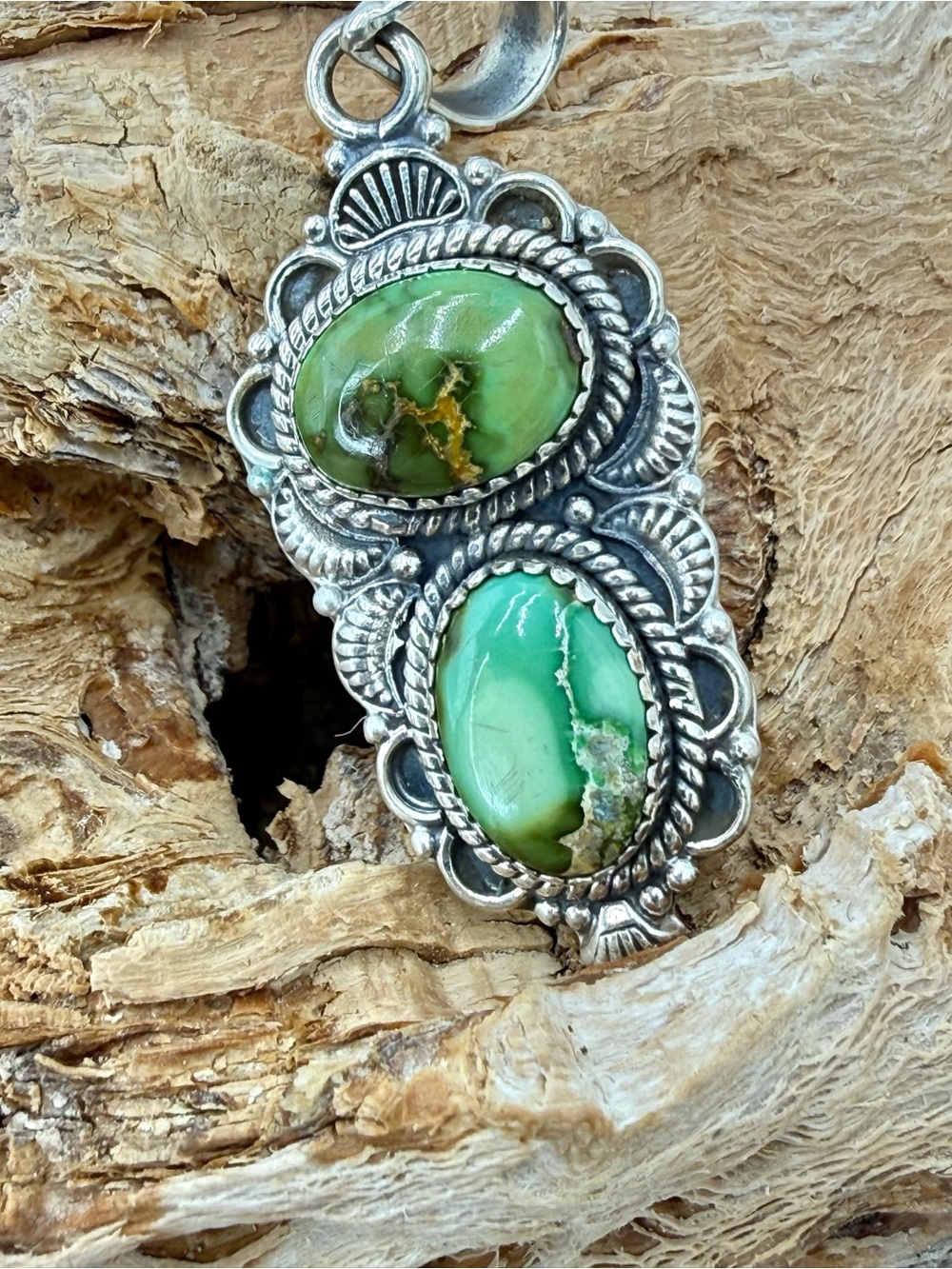 Sterling Silver Double Green Turquoise Southwestern Pendant 2.5” Native American - Picture 8 of 15